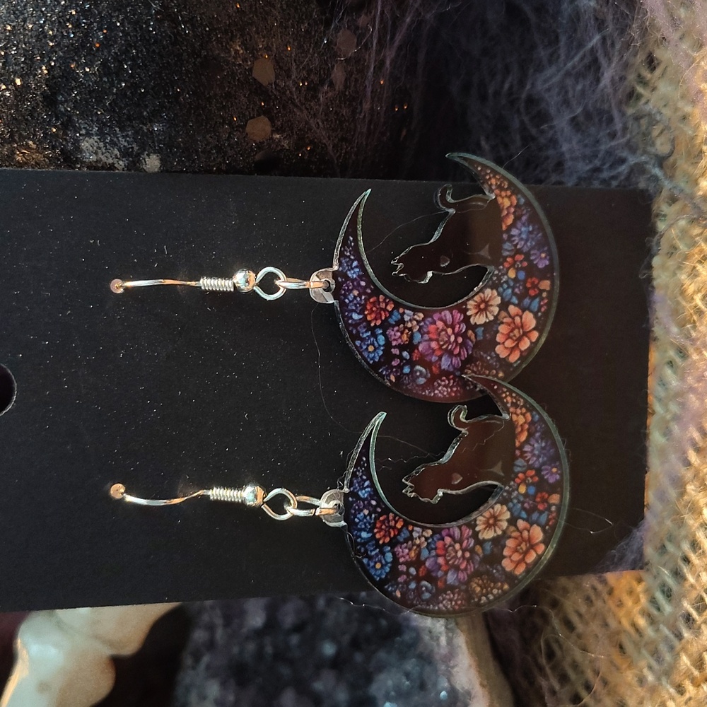 🌙Floral Moon Acrylic Cat Earrings Super Light!